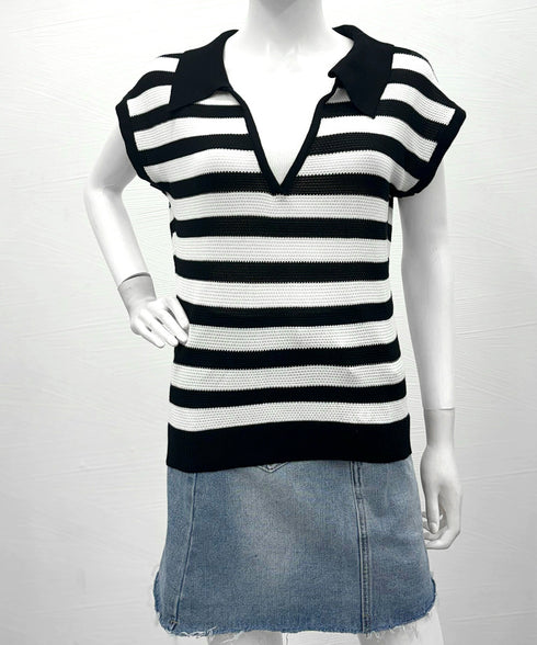 ボーダー柄サマーニット フレンチスリーブ レイヤード風ニットプルオーバー レディース ノースリーブ ニットTシャツ 体型カバー 春夏ポロニット 着やせ夏服 韓国風 24TPS-010