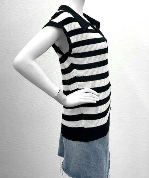 ボーダー柄サマーニット フレンチスリーブ レイヤード風ニットプルオーバー レディース ノースリーブ ニットTシャツ 体型カバー 春夏ポロニット 着やせ夏服 韓国風 24TPS-010