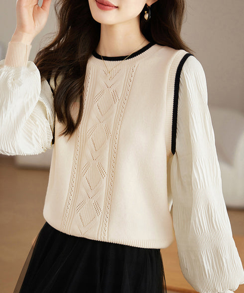 異素材ドッキングニットトップスレディース シフォン袖 切り替えニットトップス パフスリーブ ニットプルオーバー 長袖 レイヤード風ニットブラウス クルーネック黒 24TPS-017