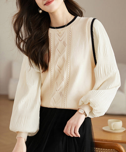 異素材ドッキングニットトップスレディース シフォン袖 切り替えニットトップス パフスリーブ ニットプルオーバー 長袖 レイヤード風ニットブラウス クルーネック黒 24TPS-017