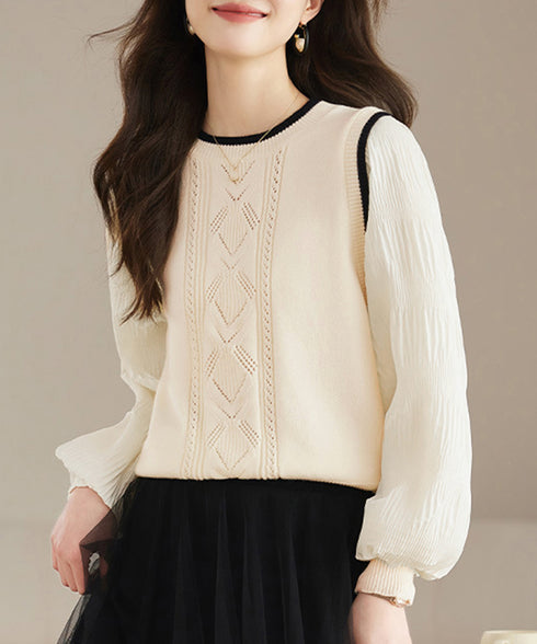 異素材ドッキングニットトップスレディース シフォン袖 切り替えニットトップス パフスリーブ ニットプルオーバー 長袖 レイヤード風ニットブラウス クルーネック黒 24TPS-017