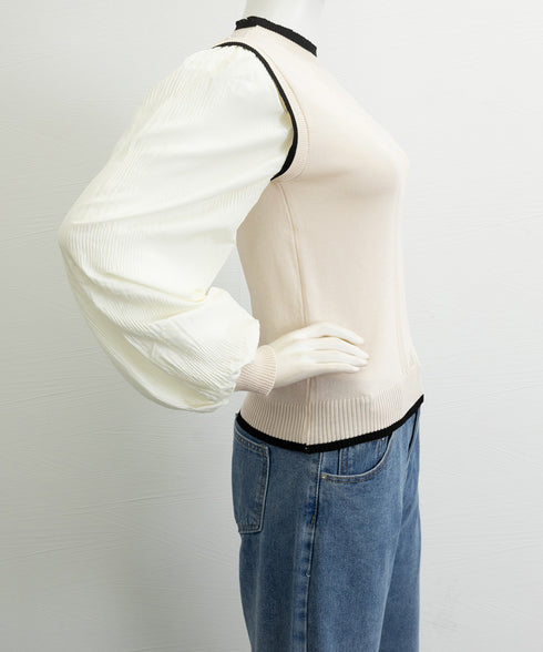 異素材ドッキングニットトップスレディース シフォン袖 切り替えニットトップス パフスリーブ ニットプルオーバー 長袖 レイヤード風ニットブラウス クルーネック黒 24TPS-017