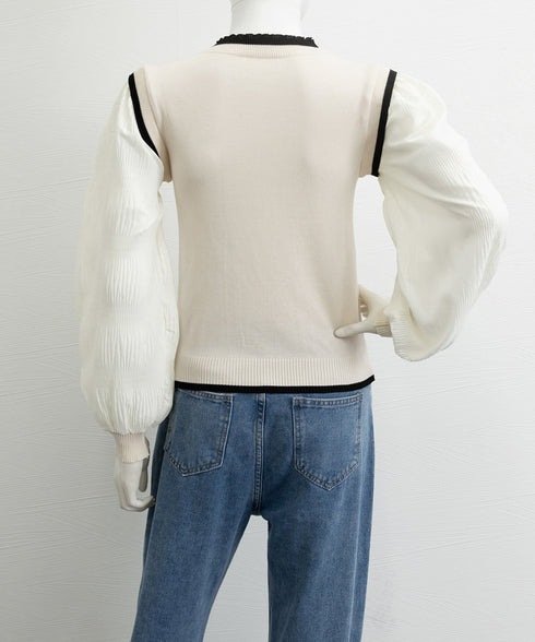 異素材ドッキングニットトップスレディース シフォン袖 切り替えニットトップス パフスリーブ ニットプルオーバー 長袖 レイヤード風ニットブラウス クルーネック黒 24TPS-017