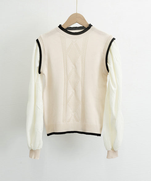 異素材ドッキングニットトップスレディース シフォン袖 切り替えニットトップス パフスリーブ ニットプルオーバー 長袖 レイヤード風ニットブラウス クルーネック黒 24TPS-017