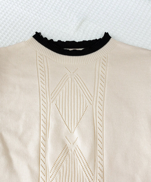 異素材ドッキングニットトップスレディース シフォン袖 切り替えニットトップス パフスリーブ ニットプルオーバー 長袖 レイヤード風ニットブラウス クルーネック黒 24TPS-017