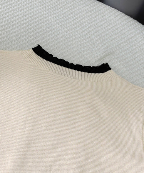 異素材ドッキングニットトップスレディース シフォン袖 切り替えニットトップス パフスリーブ ニットプルオーバー 長袖 レイヤード風ニットブラウス クルーネック黒 24TPS-017