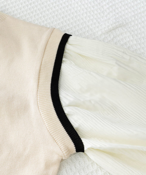 異素材ドッキングニットトップスレディース シフォン袖 切り替えニットトップス パフスリーブ ニットプルオーバー 長袖 レイヤード風ニットブラウス クルーネック黒 24TPS-017