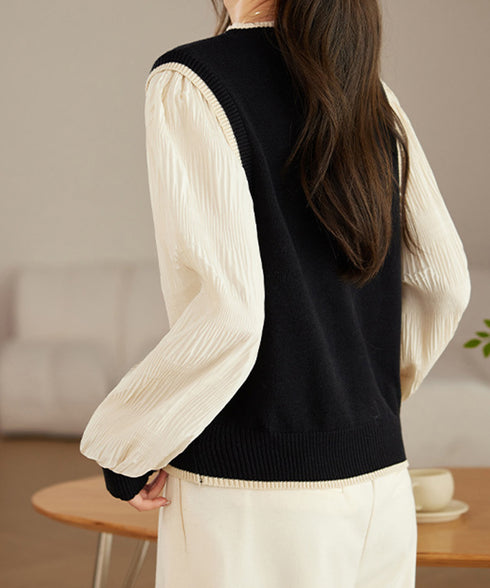 異素材ドッキングニットトップスレディース シフォン袖 切り替えニットトップス パフスリーブ ニットプルオーバー 長袖 レイヤード風ニットブラウス クルーネック黒 24TPS-017