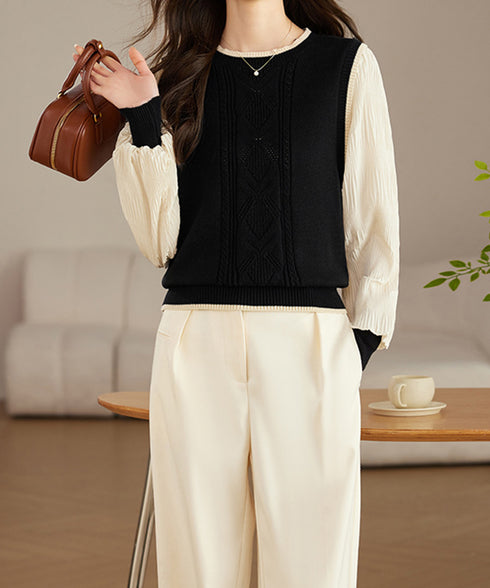 異素材ドッキングニットトップスレディース シフォン袖 切り替えニットトップス パフスリーブ ニットプルオーバー 長袖 レイヤード風ニットブラウス クルーネック黒 24TPS-017