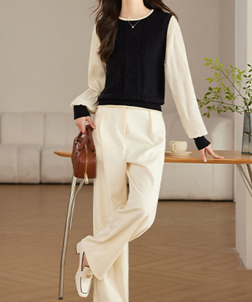 異素材ドッキングニットトップスレディース シフォン袖 切り替えニットトップス パフスリーブ ニットプルオーバー 長袖 レイヤード風ニットブラウス クルーネック黒 24TPS-017