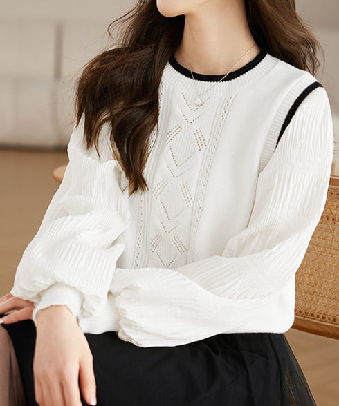 異素材ドッキングニットトップスレディース シフォン袖 切り替えニットトップス パフスリーブ ニットプルオーバー 長袖 レイヤード風ニットブラウス クルーネック黒 24TPS-017