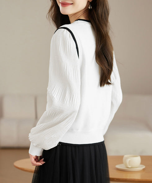 異素材ドッキングニットトップスレディース シフォン袖 切り替えニットトップス パフスリーブ ニットプルオーバー 長袖 レイヤード風ニットブラウス クルーネック黒 24TPS-017