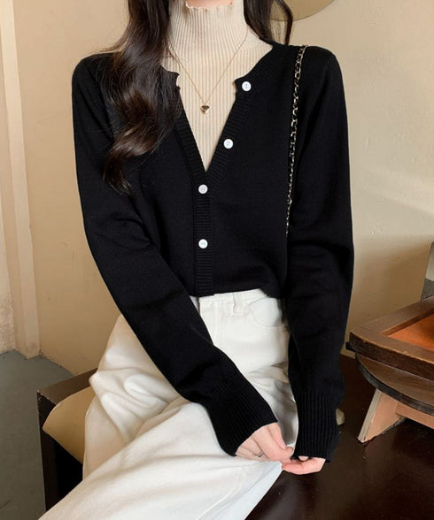 レイヤード風 ニットトップス ハイネック レディース 重ね着風 ニットウェア バイカラー ニットセーター カジュアル 前飾りボタンニットソー 切り替え トップス 24TPS-024