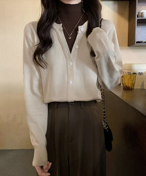 レイヤード風 ニットトップス ハイネック レディース 重ね着風 ニットウェア バイカラー ニットセーター カジュアル 前飾りボタンニットソー 切り替え トップス 24TPS-024