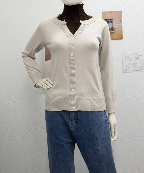 レイヤード風 ニットトップス ハイネック レディース 重ね着風 ニットウェア バイカラー ニットセーター カジュアル 前飾りボタンニットソー 切り替え トップス 24TPS-024