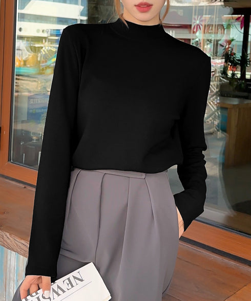 ベーシックトップス プチハイネック韓国風 ゆったりインナートップス レディース 大人カジュアル ストレッチTシャツ 着やせ 長袖カットソー 春秋 重ね着カットソー 24TPS-026