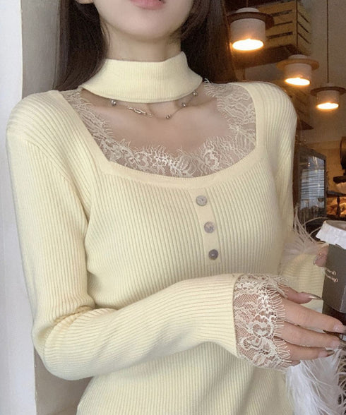 チョーカー風 リブニットトップス 韓国風 レディース スクエアネックニットウエア 着やせニットインナー オフィスカジュアルニットプルオーバー スリム重ね着トップス 24TPS-029