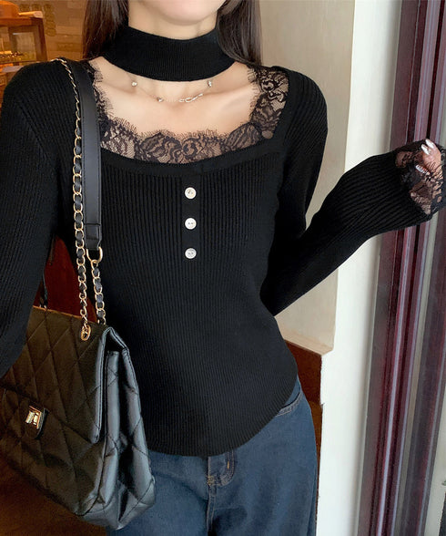 チョーカー風 リブニットトップス 韓国風 レディース スクエアネックニットウエア 着やせニットインナー オフィスカジュアルニットプルオーバー スリム重ね着トップス 24TPS-029