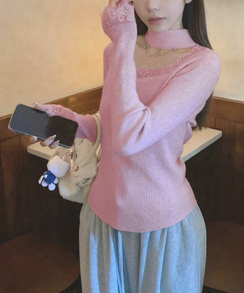 チョーカー風 リブニットトップス 韓国風 レディース スクエアネックニットウエア 着やせニットインナー オフィスカジュアルニットプルオーバー スリム重ね着トップス 24TPS-029