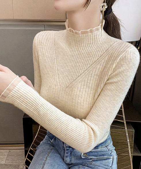 ニットトップス プチハイネックニットソー レディース メロウフリルニットウェア きれいめ ベーシックニットインナー 重ね着 ニットプルオーバー オフィスカジュアル 24TPS-032
