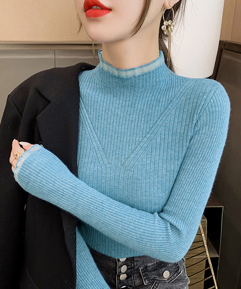 ニットトップス プチハイネックニットソー レディース メロウフリルニットウェア きれいめ ベーシックニットインナー 重ね着 ニットプルオーバー オフィスカジュアル 24TPS-032