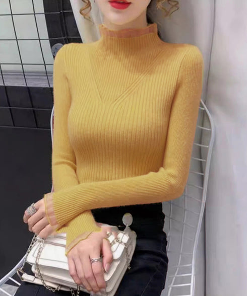 ニットトップス プチハイネックニットソー レディース メロウフリルニットウェア きれいめ ベーシックニットインナー 重ね着 ニットプルオーバー オフィスカジュアル 24TPS-032