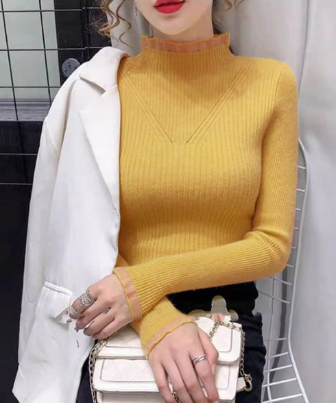 ニットトップス プチハイネックニットソー レディース メロウフリルニットウェア きれいめ ベーシックニットインナー 重ね着 ニットプルオーバー オフィスカジュアル 24TPS-032