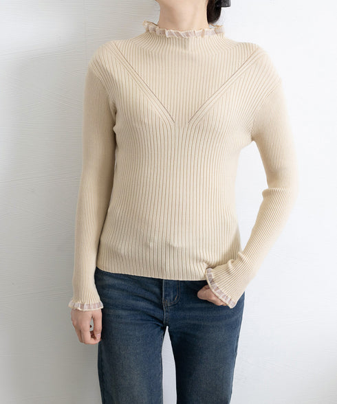 ニットトップス プチハイネックニットソー レディース メロウフリルニットウェア きれいめ ベーシックニットインナー 重ね着 ニットプルオーバー オフィスカジュアル 24TPS-032