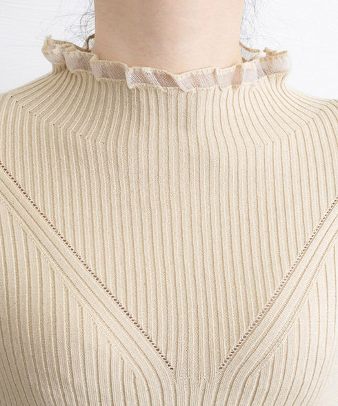 ニットトップス プチハイネックニットソー レディース メロウフリルニットウェア きれいめ ベーシックニットインナー 重ね着 ニットプルオーバー オフィスカジュアル 24TPS-032