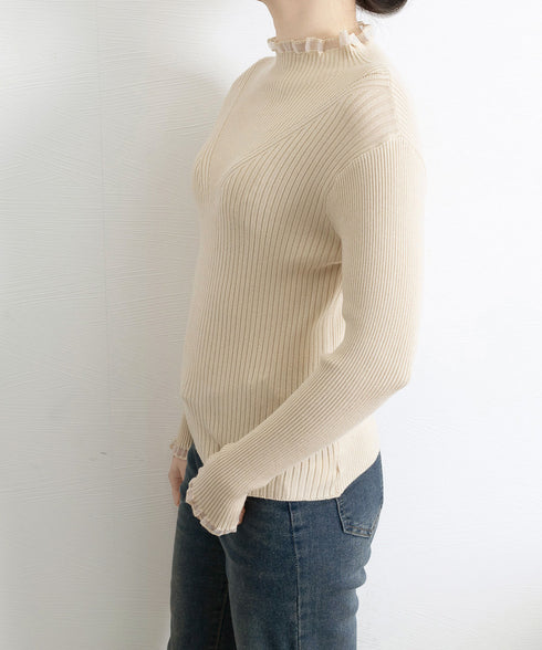 ニットトップス プチハイネックニットソー レディース メロウフリルニットウェア きれいめ ベーシックニットインナー 重ね着 ニットプルオーバー オフィスカジュアル 24TPS-032