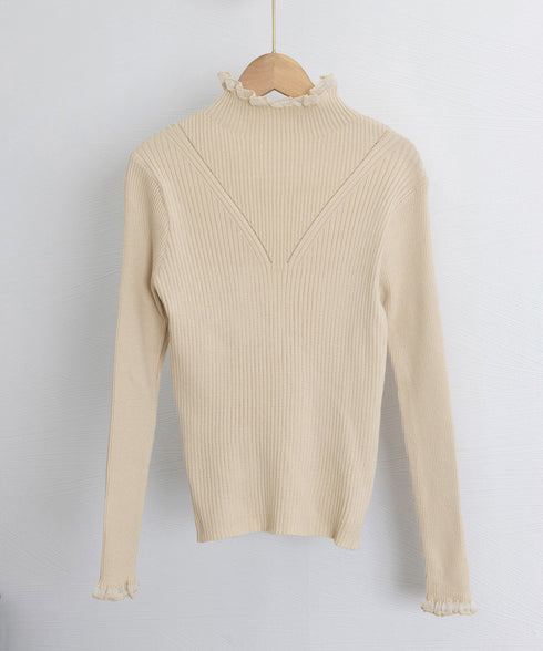 ニットトップス プチハイネックニットソー レディース メロウフリルニットウェア きれいめ ベーシックニットインナー 重ね着 ニットプルオーバー オフィスカジュアル 24TPS-032