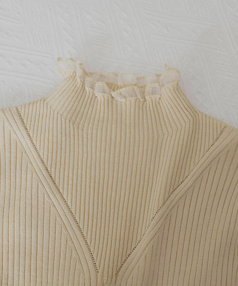 ニットトップス プチハイネックニットソー レディース メロウフリルニットウェア きれいめ ベーシックニットインナー 重ね着 ニットプルオーバー オフィスカジュアル 24TPS-032