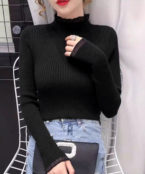 ニットトップス プチハイネックニットソー レディース メロウフリルニットウェア きれいめ ベーシックニットインナー 重ね着 ニットプルオーバー オフィスカジュアル 24TPS-032