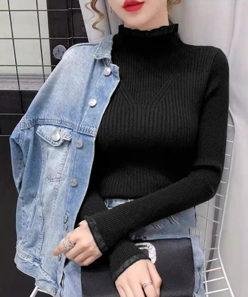 ニットトップス プチハイネックニットソー レディース メロウフリルニットウェア きれいめ ベーシックニットインナー 重ね着 ニットプルオーバー オフィスカジュアル 24TPS-032