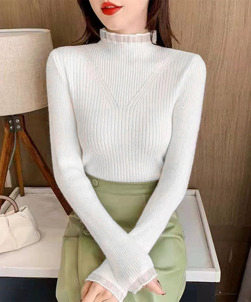 ニットトップス プチハイネックニットソー レディース メロウフリルニットウェア きれいめ ベーシックニットインナー 重ね着 ニットプルオーバー オフィスカジュアル 24TPS-032