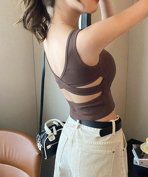 カップ付きタンクトップ背中あきブラトップ レディース バッククロス クロップドインナートップス 大人カジュアル ショート丈夏服 へそ出し セクシーインナーウェア 24TPS-033