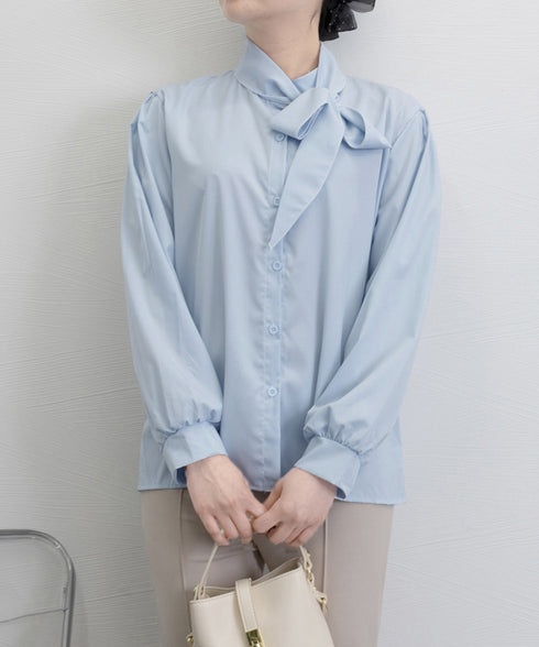 ボウタイブラウスリボンタイシャツブラウス レディース オフィスカジュアルリボントップス 体型カバー立ち襟ブラウス 着やせ 大人女性 おしゃれシャツ 30代40代 24TPS-034