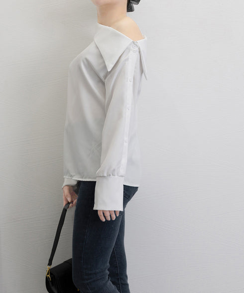 オフショルダーブラウス オフショルダー シャツブラウス レディース 肩出しプルオーバー オフィスカジュアル ワンショルダートップス きれいめ セクシーブラウス春 24TPS-035