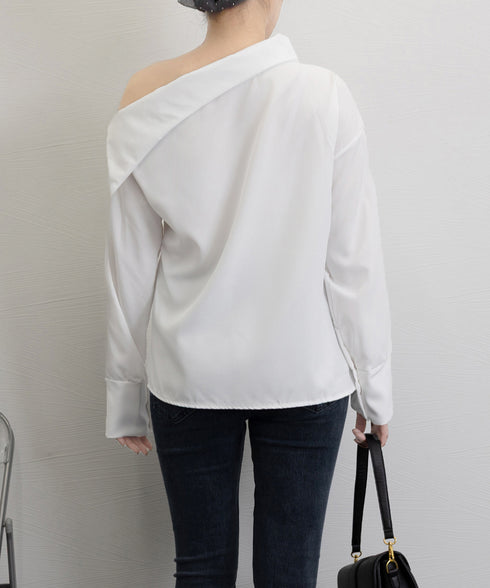 オフショルダーブラウス オフショルダー シャツブラウス レディース 肩出しプルオーバー オフィスカジュアル ワンショルダートップス きれいめ セクシーブラウス春 24TPS-035