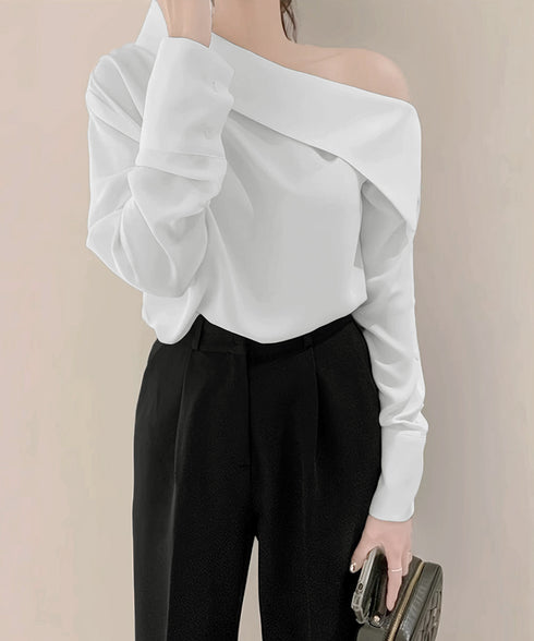 オフショルダーブラウス オフショルダー シャツブラウス レディース 肩出しプルオーバー オフィスカジュアル ワンショルダートップス きれいめ セクシーブラウス春 24TPS-035