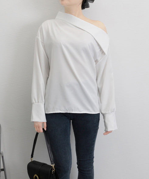 オフショルダーブラウス オフショルダー シャツブラウス レディース 肩出しプルオーバー オフィスカジュアル ワンショルダートップス きれいめ セクシーブラウス春 24TPS-035