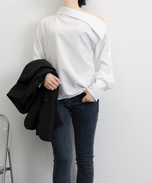 オフショルダーブラウス オフショルダー シャツブラウス レディース 肩出しプルオーバー オフィスカジュアル ワンショルダートップス きれいめ セクシーブラウス春 24TPS-035