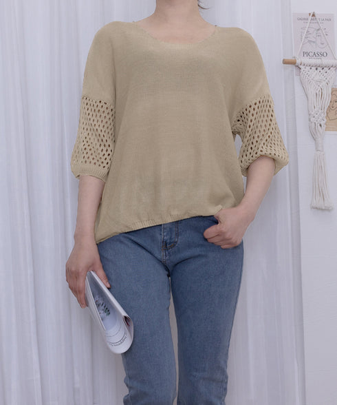 透かし編みニットトップス半袖サマーニット レディース ゆったり 抜け感ニット クルーネック ニットプルオーバー 大人カジュアル韓国風ニット 30代40代 トップス 24TPS-038