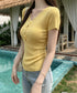 リボンレース付きリブニット Vネック夏服 レディース フェミニン プチプラサマーニット 韓国風 スリムフィットニット 大人可愛いカットソー きれいめ 細身Tシャツ 24TPS-040