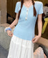 リボンレース付きリブニット Vネック夏服 レディース フェミニン プチプラサマーニット 韓国風 スリムフィットニット 大人可愛いカットソー きれいめ 細身Tシャツ 24TPS-040