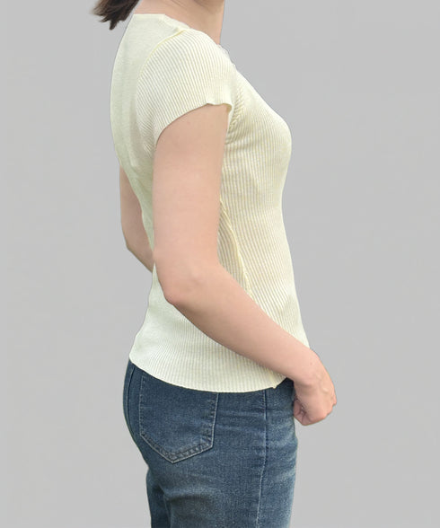 リボンレース付きリブニット Vネック夏服 レディース フェミニン プチプラサマーニット 韓国風 スリムフィットニット 大人可愛いカットソー きれいめ 細身Tシャツ 24TPS-040