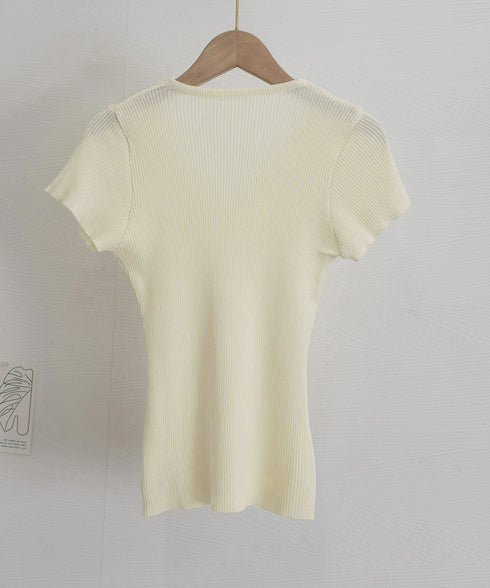 リボンレース付きリブニット Vネック夏服 レディース フェミニン プチプラサマーニット 韓国風 スリムフィットニット 大人可愛いカットソー きれいめ 細身Tシャツ 24TPS-040