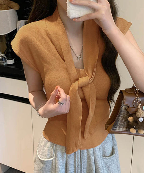 ボウタイサマーニット Vネックトップス フレンチスリーブニット カジュアル ニットプルオーバー ベーシック ニットトップス  おしゃれ フィットニットソー 無地 24TPS-041