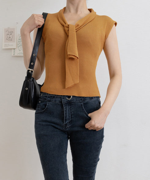 ボウタイサマーニット Vネックトップス フレンチスリーブニット カジュアル ニットプルオーバー ベーシック ニットトップス  おしゃれ フィットニットソー 無地 24TPS-041