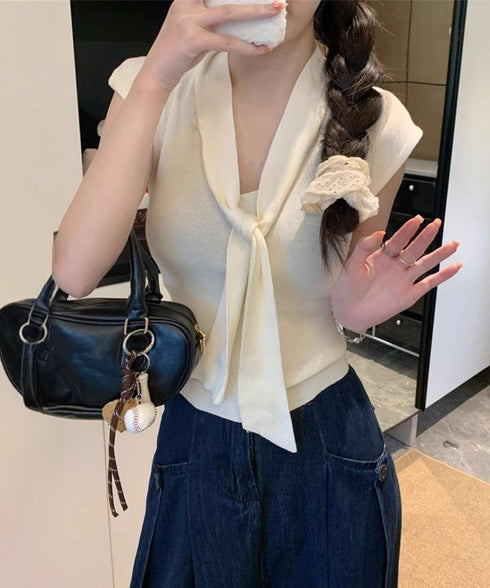 ボウタイサマーニット Vネックトップス フレンチスリーブニット カジュアル ニットプルオーバー ベーシック ニットトップス  おしゃれ フィットニットソー 無地 24TPS-041